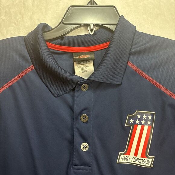 Harley Davidson Motorcycles #1 USA Polo Shirt Navy Blue Mens L Large Sarasota FL - Picture 4 of 9